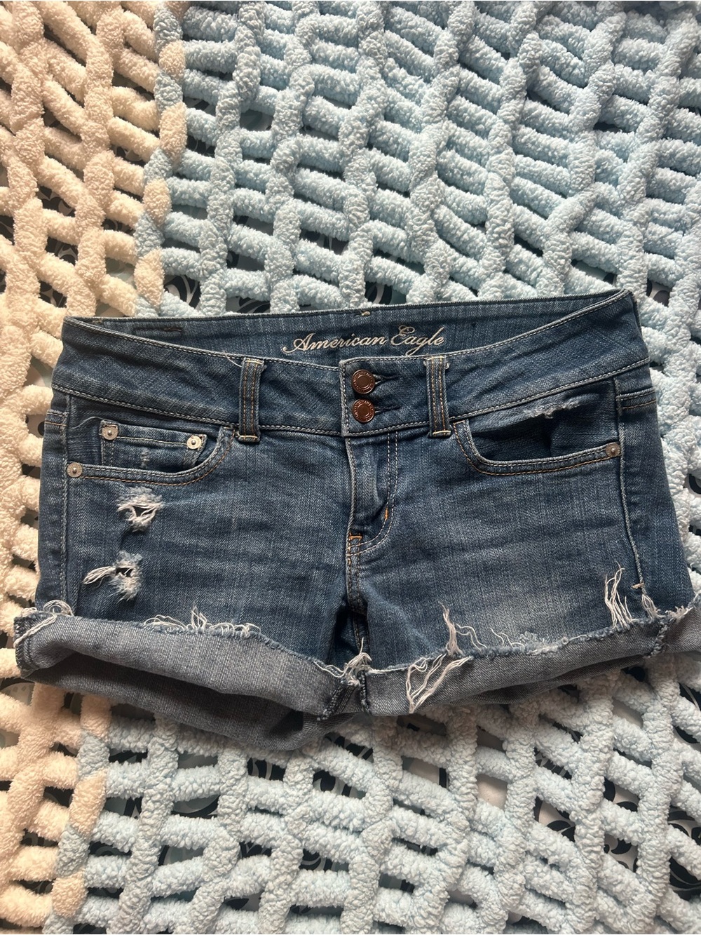 American Eagle Outfitters Blue Distressed Rolled-Hem Jean Shorts
